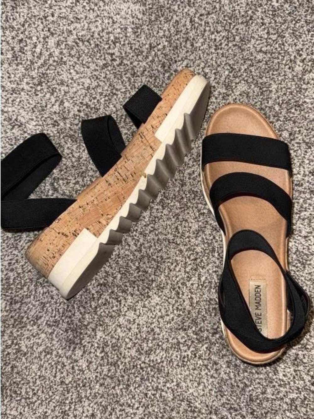 Steve Madden Black Elastic Strap Cork Wedge Sandals